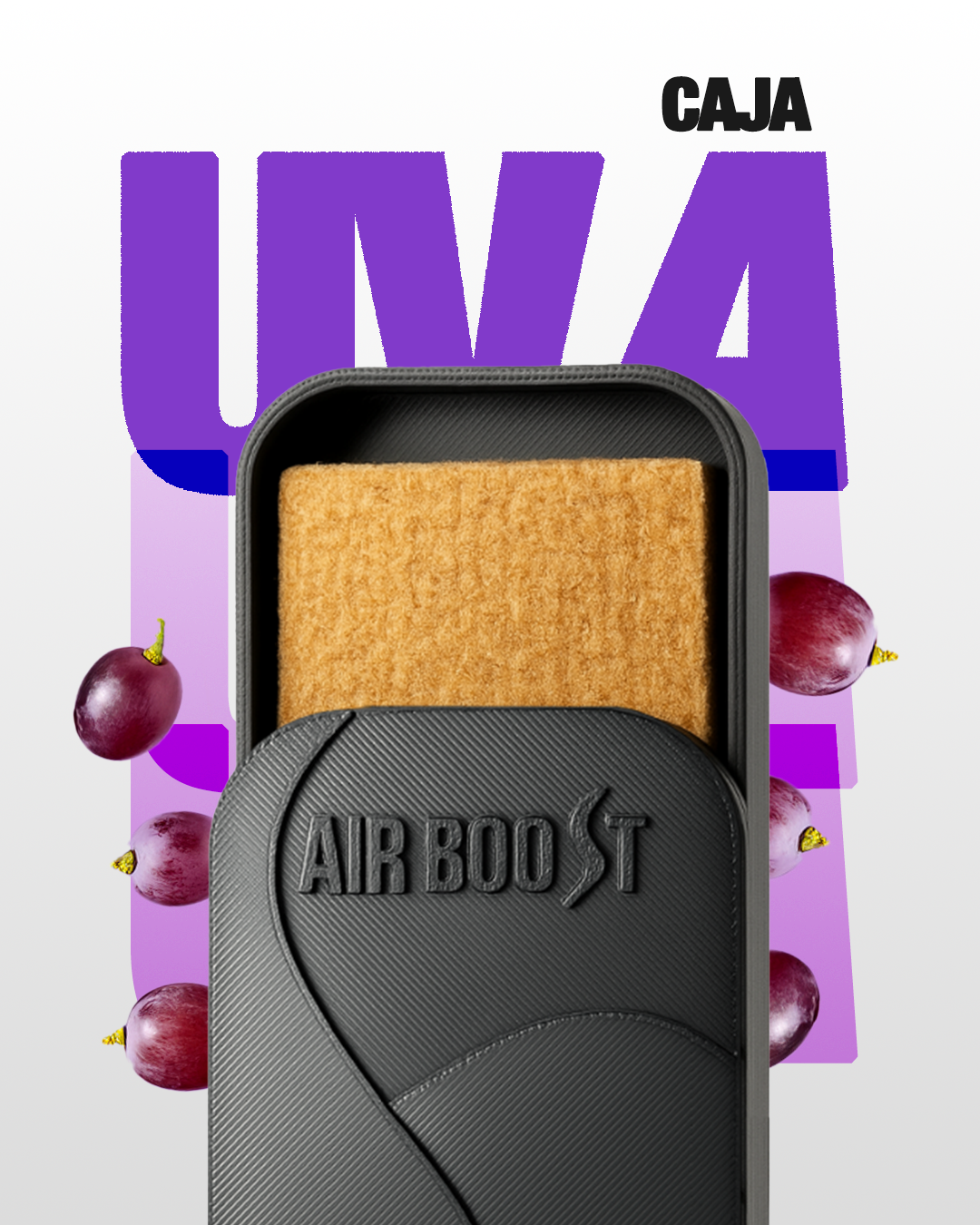 Caja color negra con uvas en el fondo